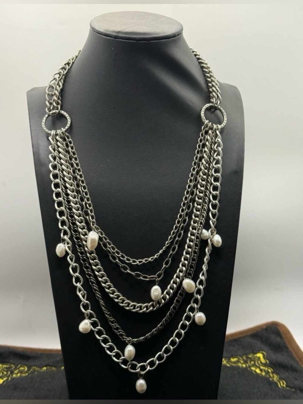 Stella & Dot Silver-Tone Multi Strand Necklace with White Pearls
